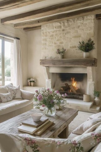 French Country Living Room Rough Hewn Mantel Idea