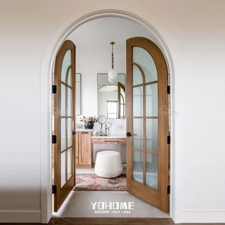 French Doors: Arched Frame Honey Brown Divided Lite