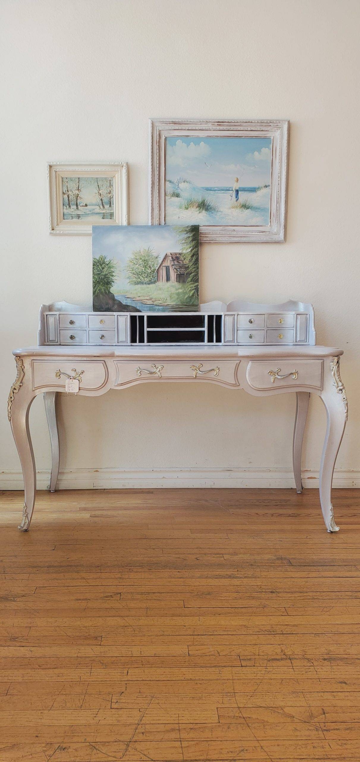 French Provincial Desk with Pearlescent Finish and Hutch Top
