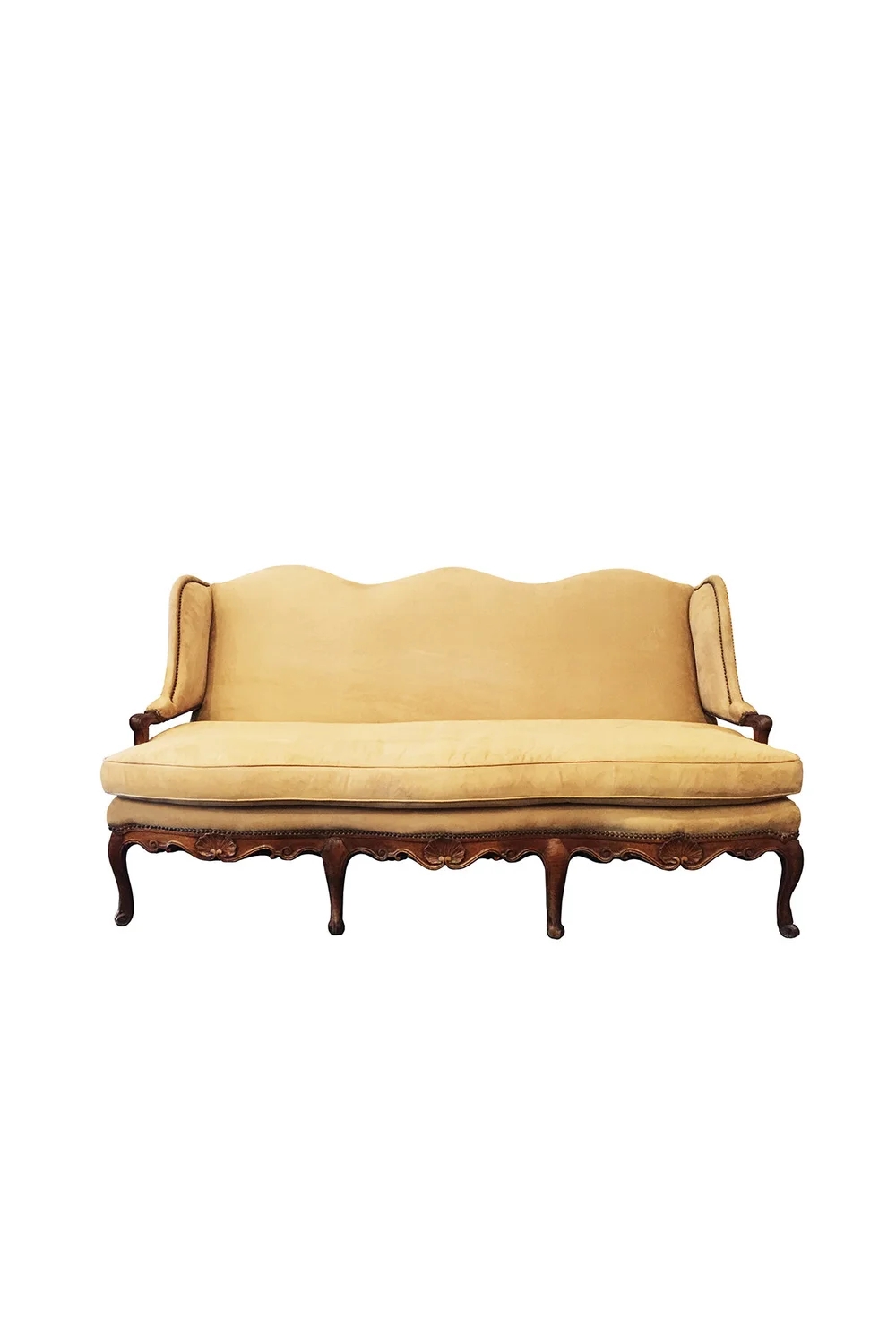 French Sofa displaying Scalloped Camelback Golden Ochre Velvet Couch