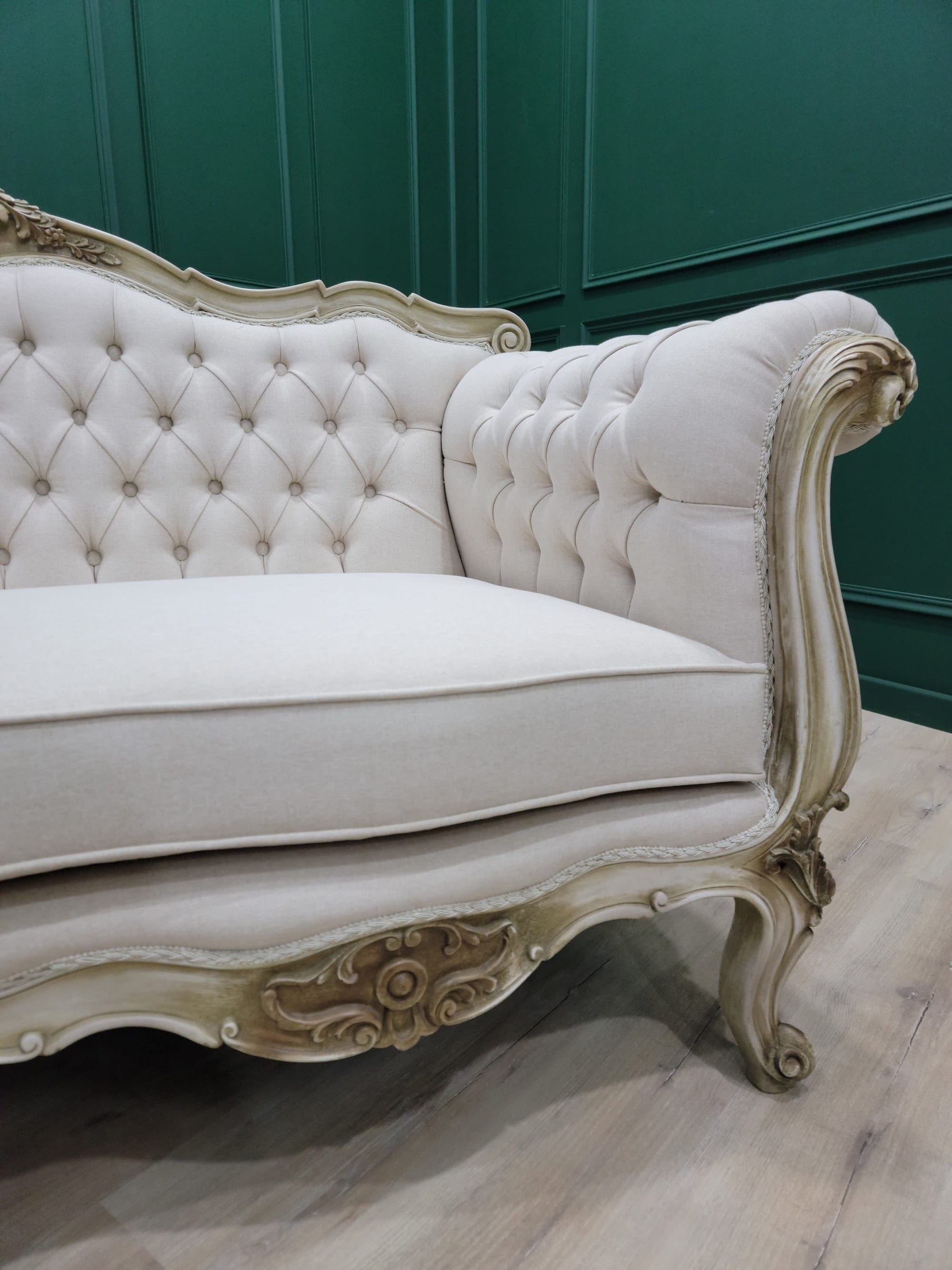French Sofa featuring Deep Diamond Tufting Cream Linen Sofa
