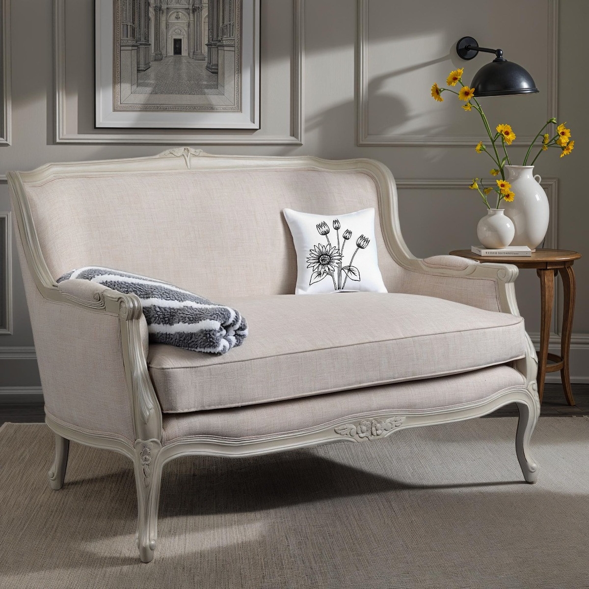 French Sofa including Antique White Frame Provincial Carved Settee