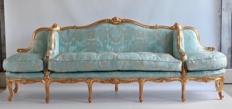 French Sofa showcasing Triple Section Seat Aqua Damask Settee