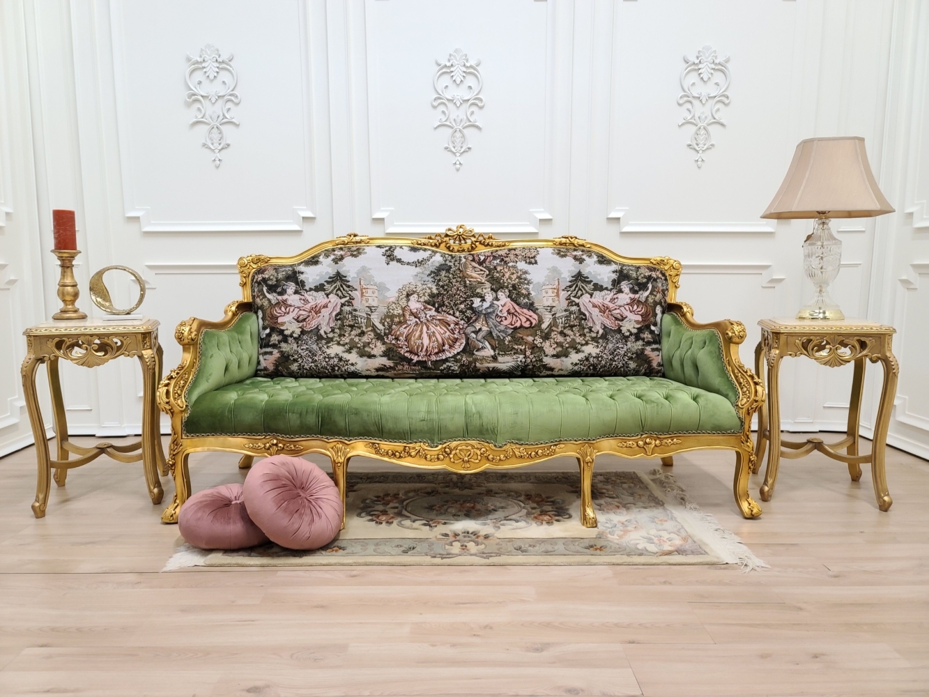 French Sofa with Pictorial Toile Backrest Gold Leaf Carved Sofa