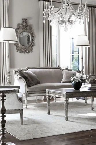 French Sofa with Silver Finish and Ornate Silver Carving