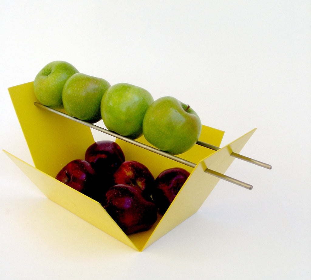 Fruit Bowl: Folded Metal Basin Architectural Yellow Stand
