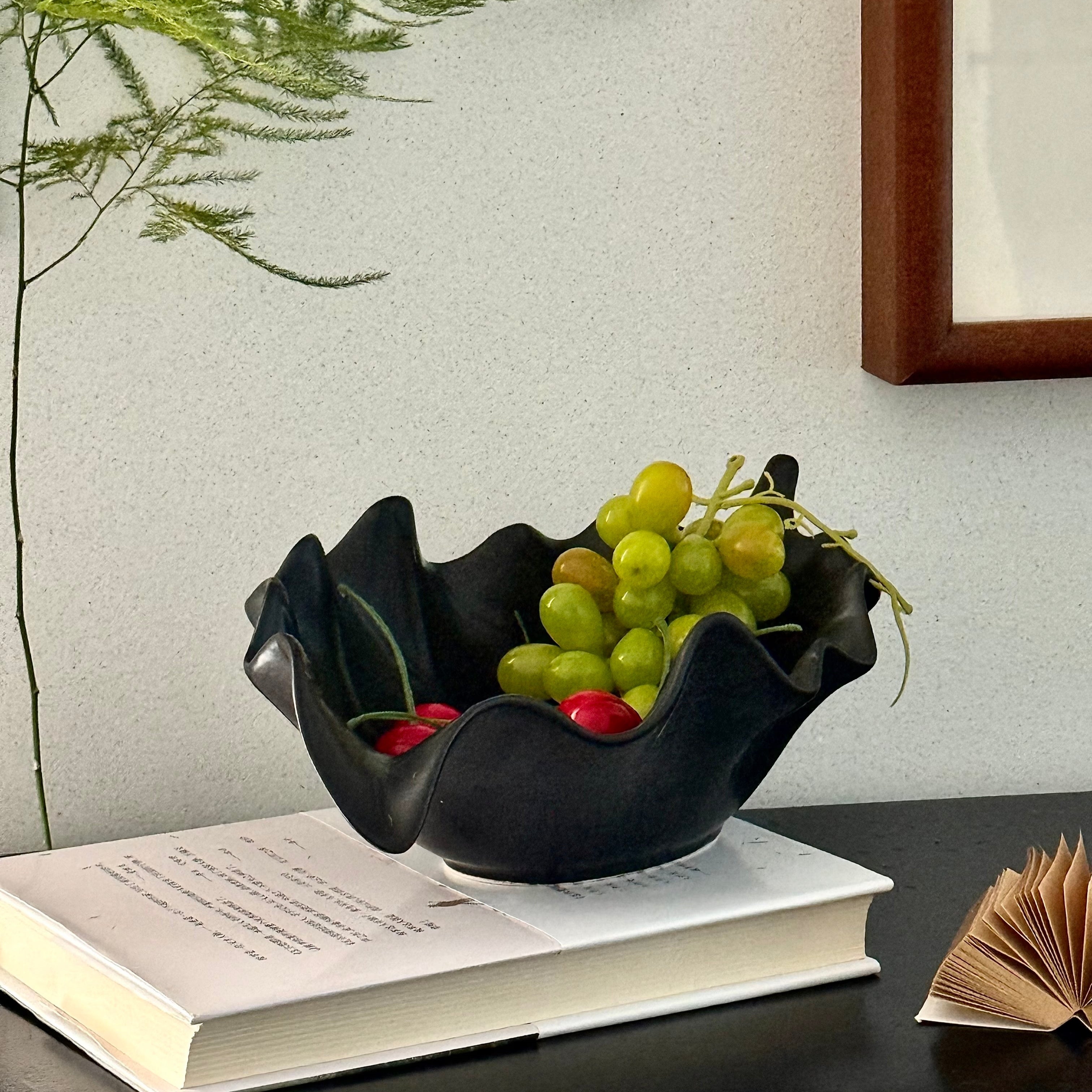Fruit Bowl: Ruffled Edge Matte Black Sculptural Shape