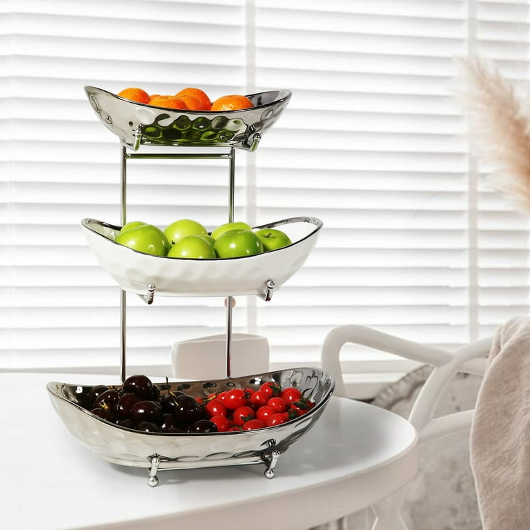 Fruit Stand: Boat Shaped Bowls Hammered Silver Finish