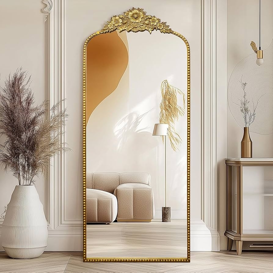 Full Length Mirror: Antique Brass Floral Crest Arched