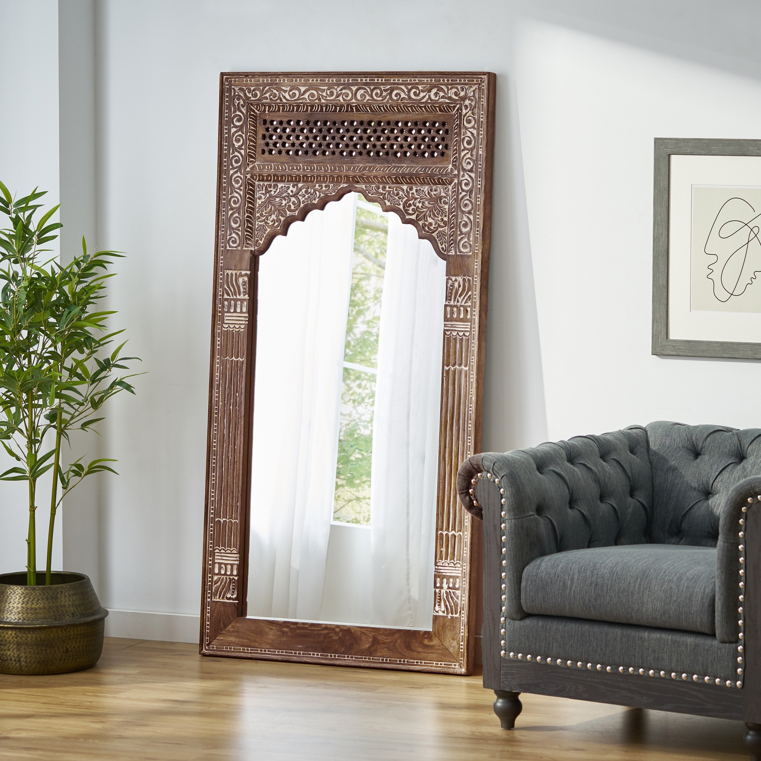 Full Length Mirror Carved Mango Wood Arched Glass Inlay