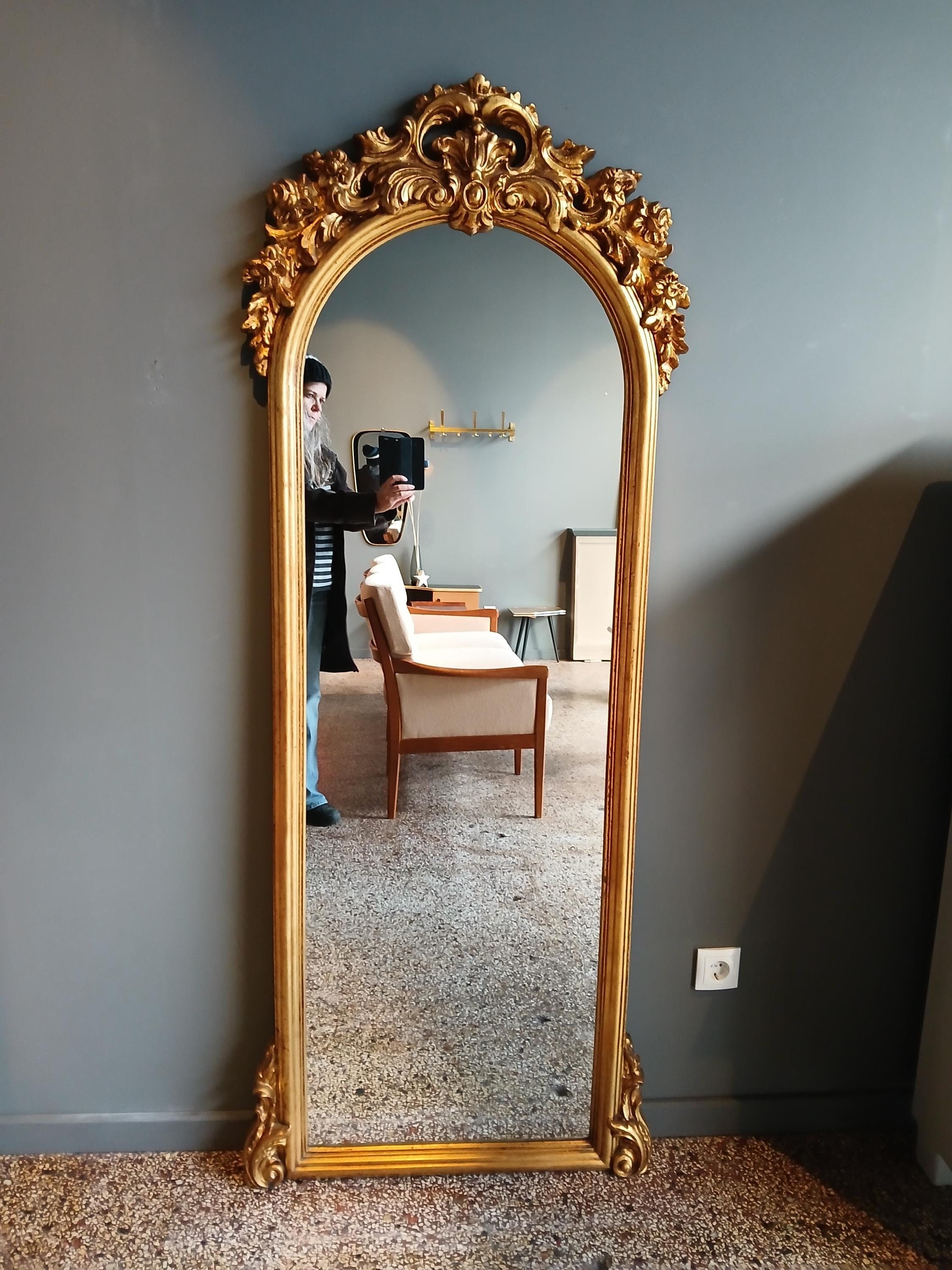 Full Length Mirror: Gilded Rococo Shell Crest Arched