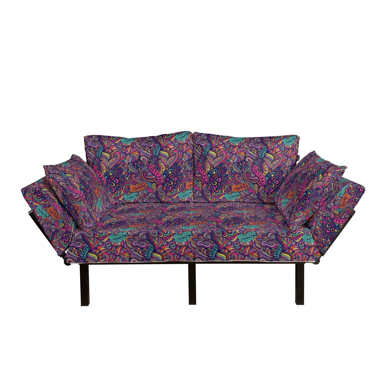 Futon Couch with Psychedelic Swirl Pattern and Adjustable Metal Frame