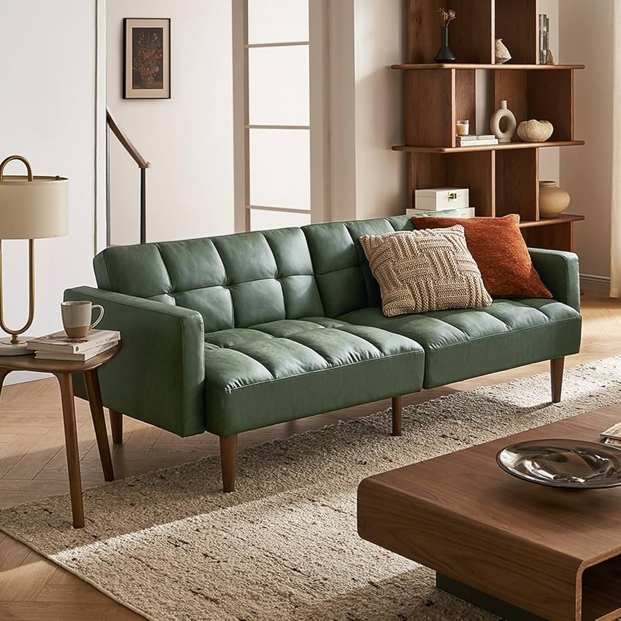 Futon Sofa: Sage Green Leatherette with Grid Tufting
