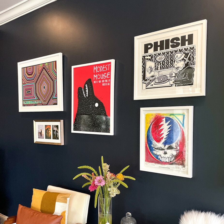 Gallery Wall Ideas for Navy Accent Wall with Music Poster Gallery