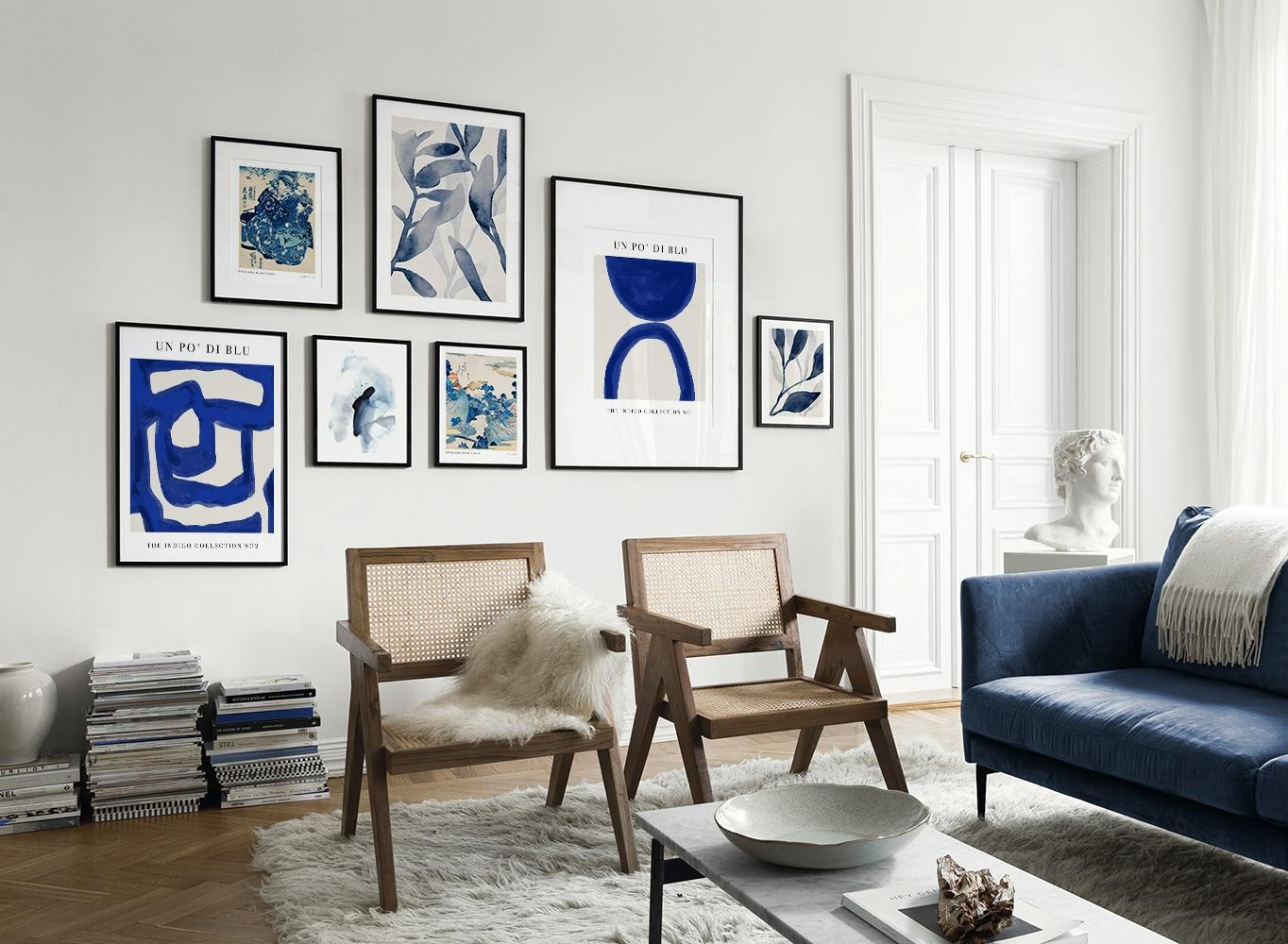 Gallery Wall with Indigo Abstract Art and Rattan Easy Chairs