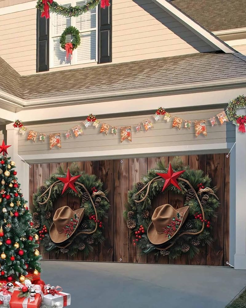 Garage Door Banner Western Cowboy Theme Wood Grain Holiday Mural