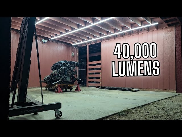 Garage Workshop with 40000 Lumens and Exposed Rafter Lighting