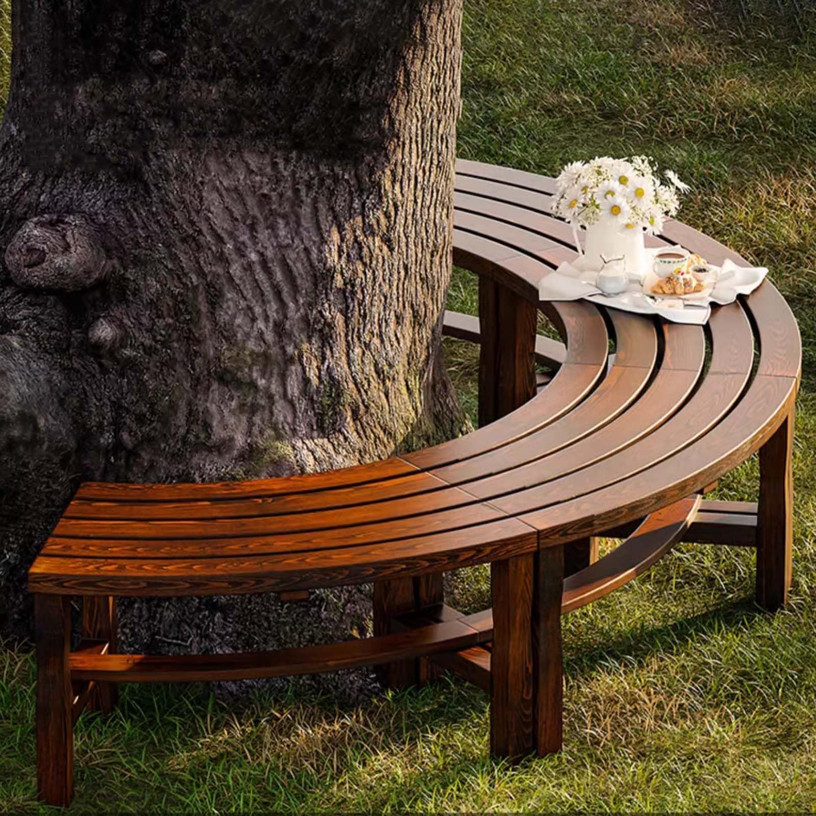 Garden Bench Semi Circular Tree Wrap with Slatted Seat Design