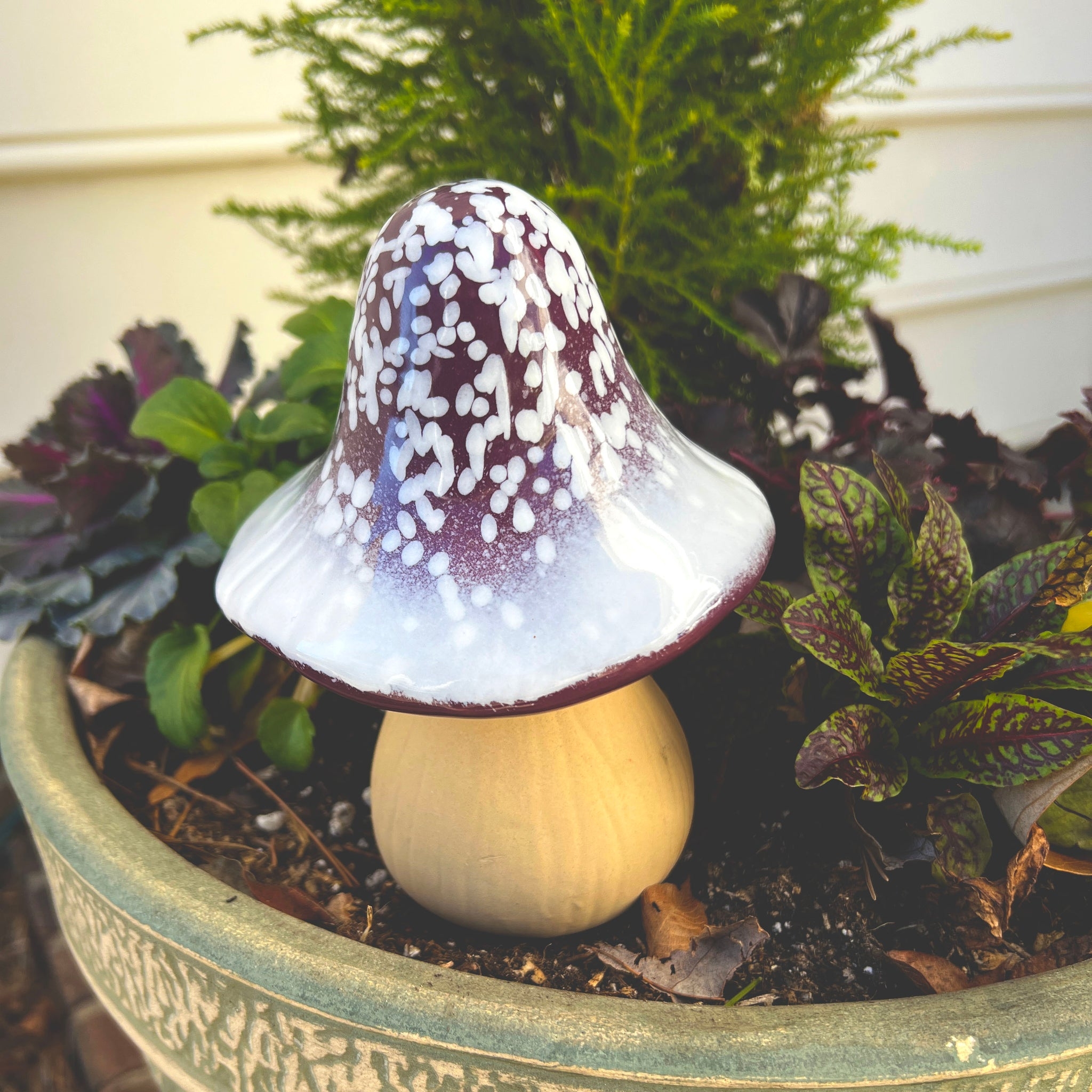 Garden Ornament: Burgundy Cap Speckled Glaze Bulbous Base