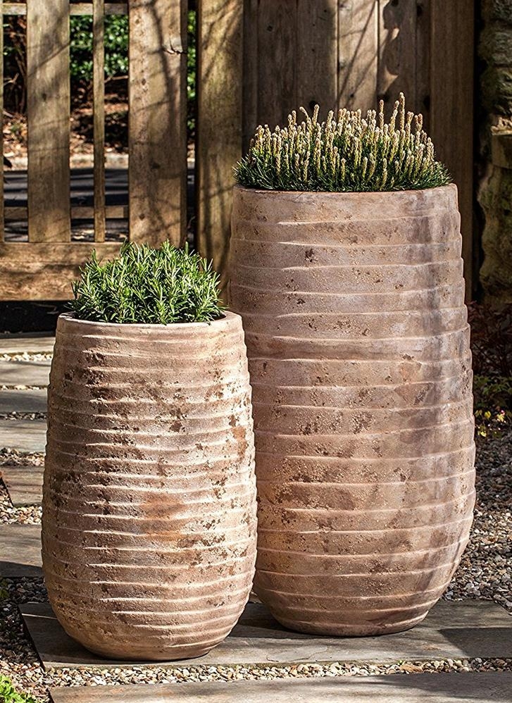 Garden Planter with Horizontal Ribbing Tall Textured Garden Urns