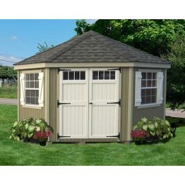 Garden Shed: Colonial Windows with White Trim Tan Shed Details
