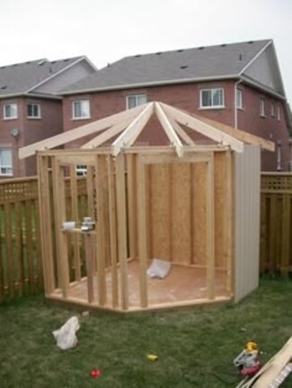 Garden Shed: Faceted Front for DIY Corner Shed Plans Build