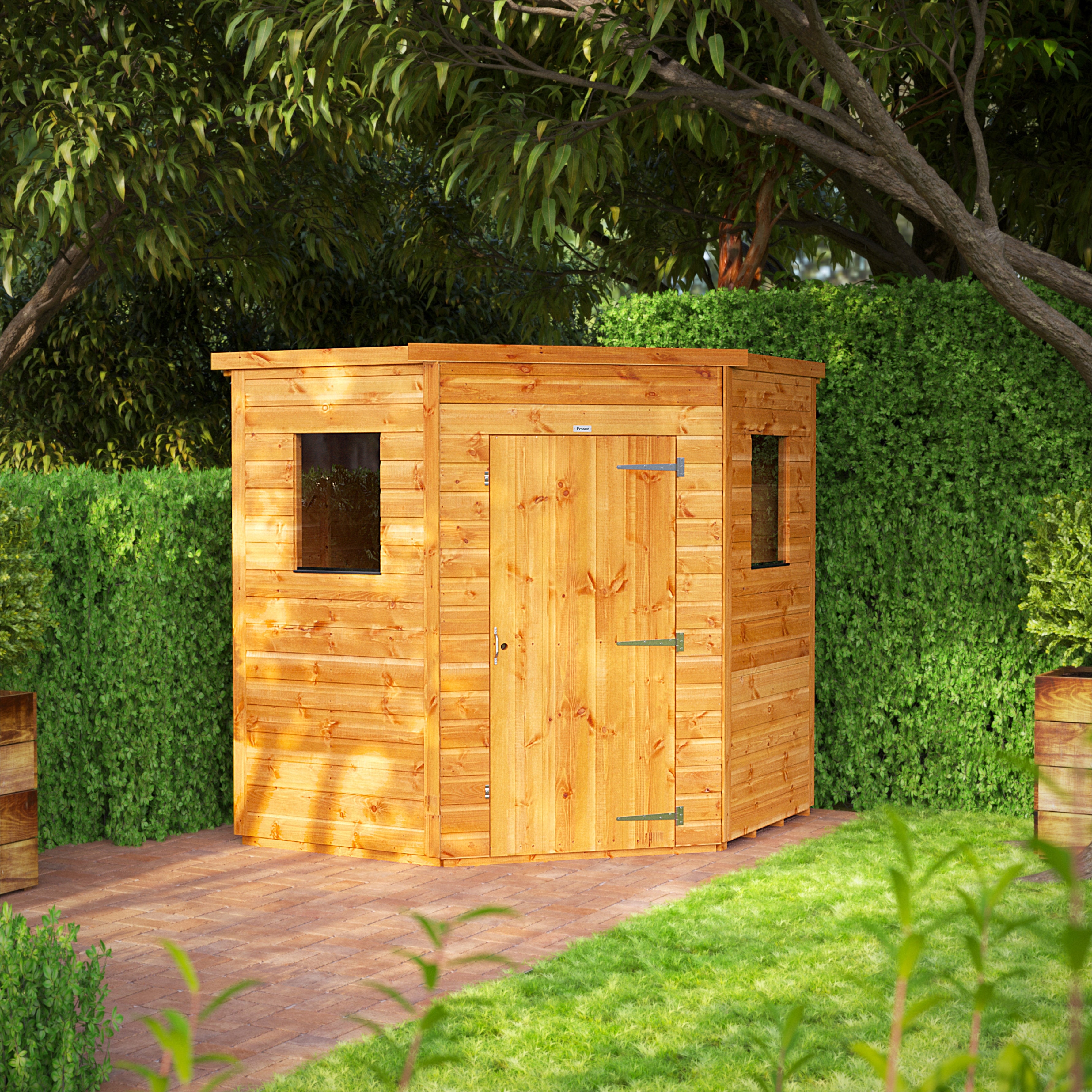 Garden Shed: Pentagonal Design with Honey Oak Garden Storage