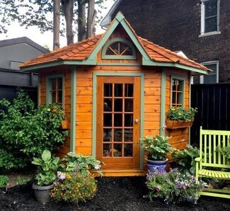 Garden Shed: Pentagonal Footprint with Arched Transom and Sage Green Trim
