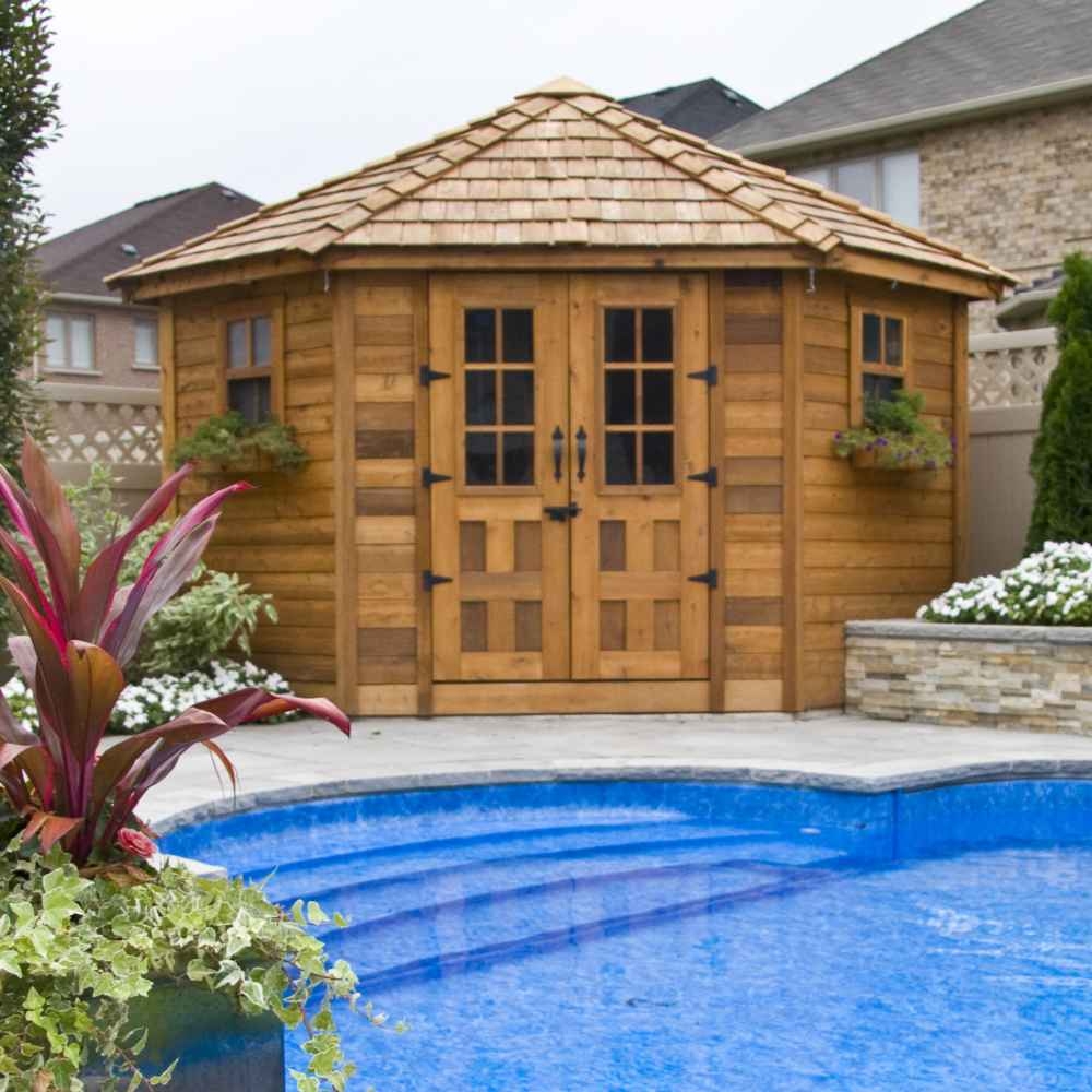 Garden Shed: Poolside Placement Wood Shed with Window Boxes