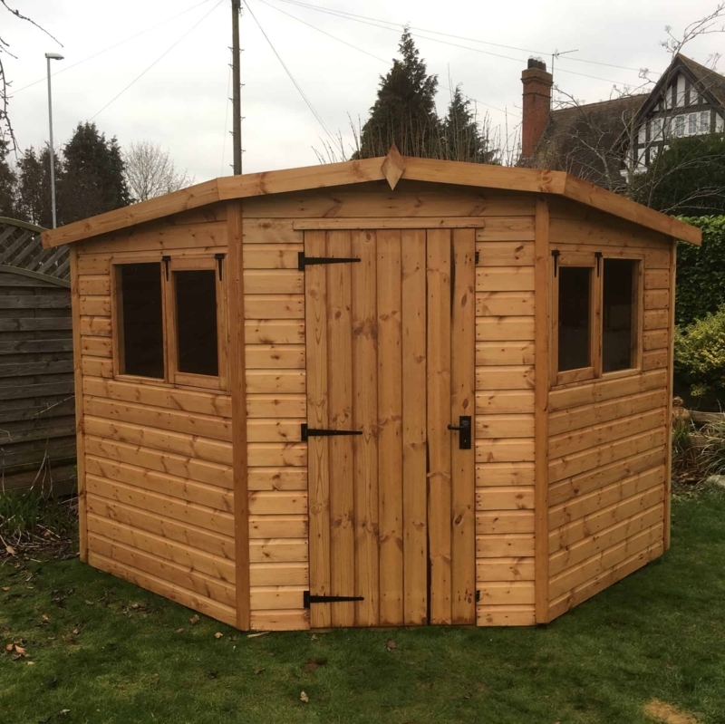 Garden Shed: Space Saving Shed with T-Hinges and Honey Brown Wood