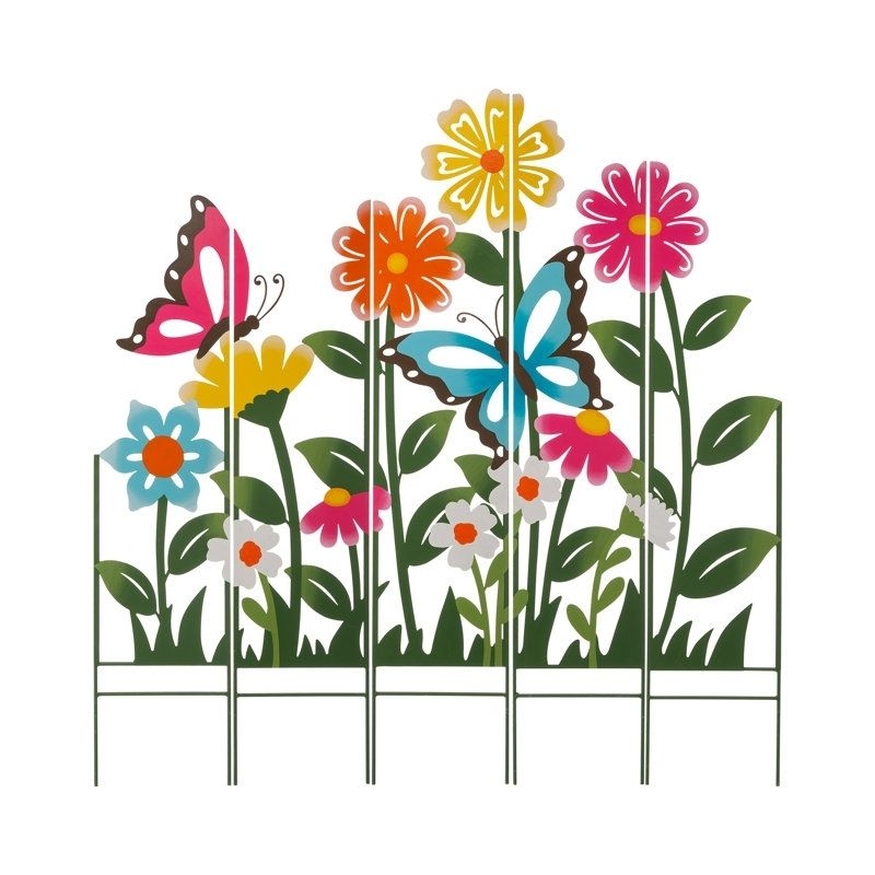 Garden Stake: Multi Colored Blooms Decorative Metal Flower Fence