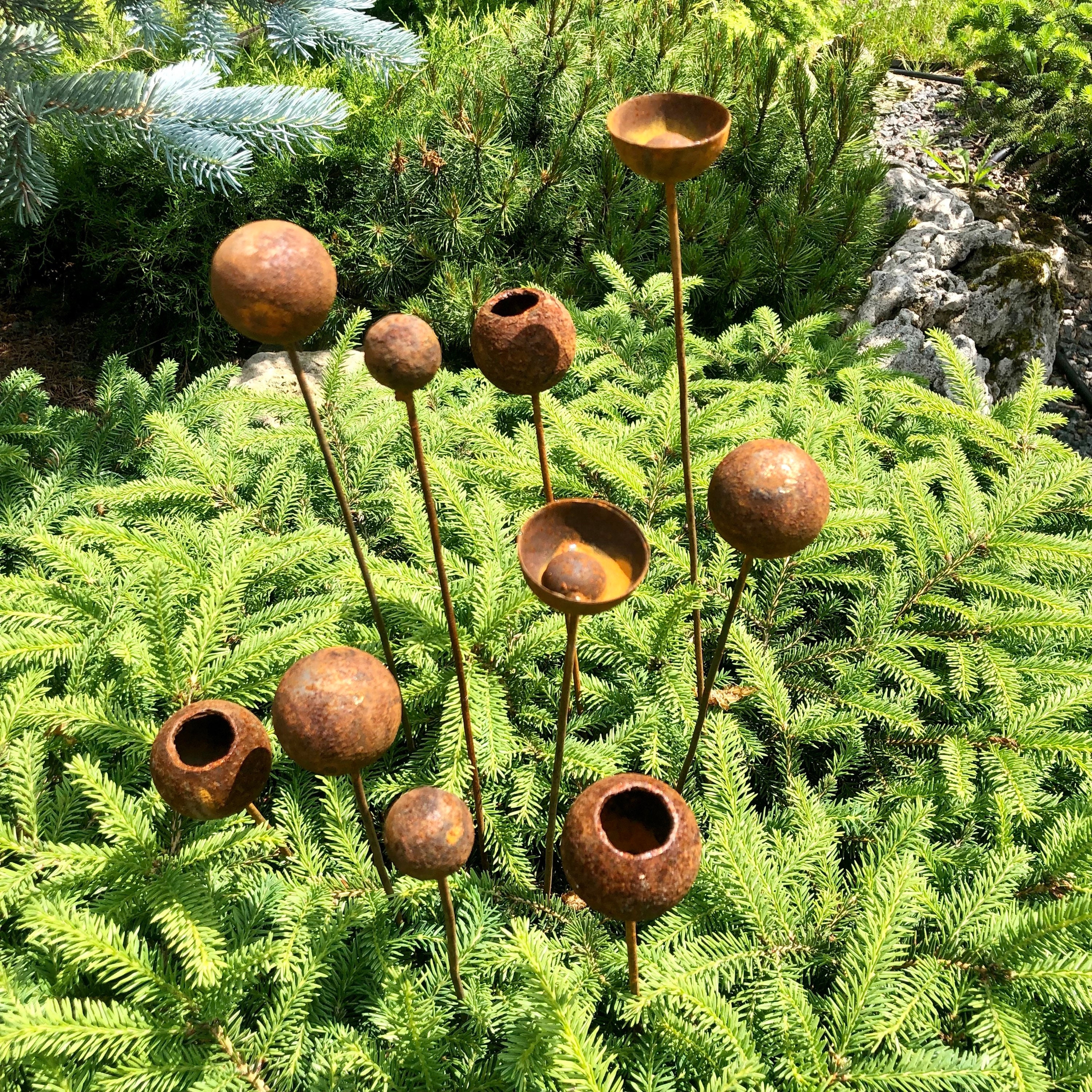Garden Stakes: Rain Catcher Cups Outdoor Metal Seed Pod Art