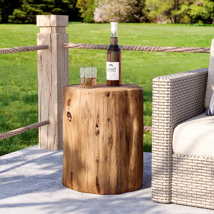 Garden Stool Light Oak Faux Bark Texture Stump Design