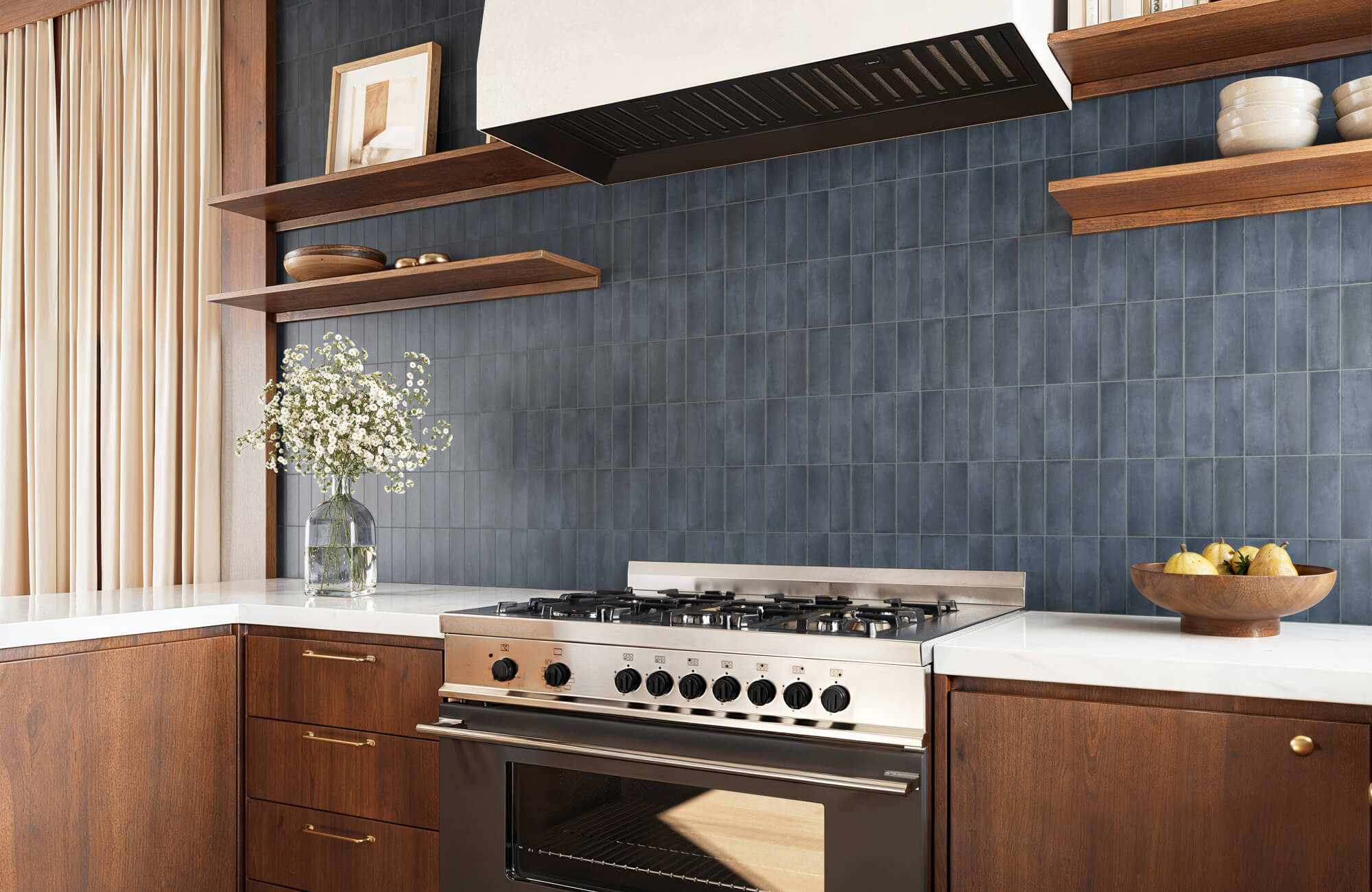 Gas Range Walnut Brown Cabinetry with Vertical Stacked Tile
