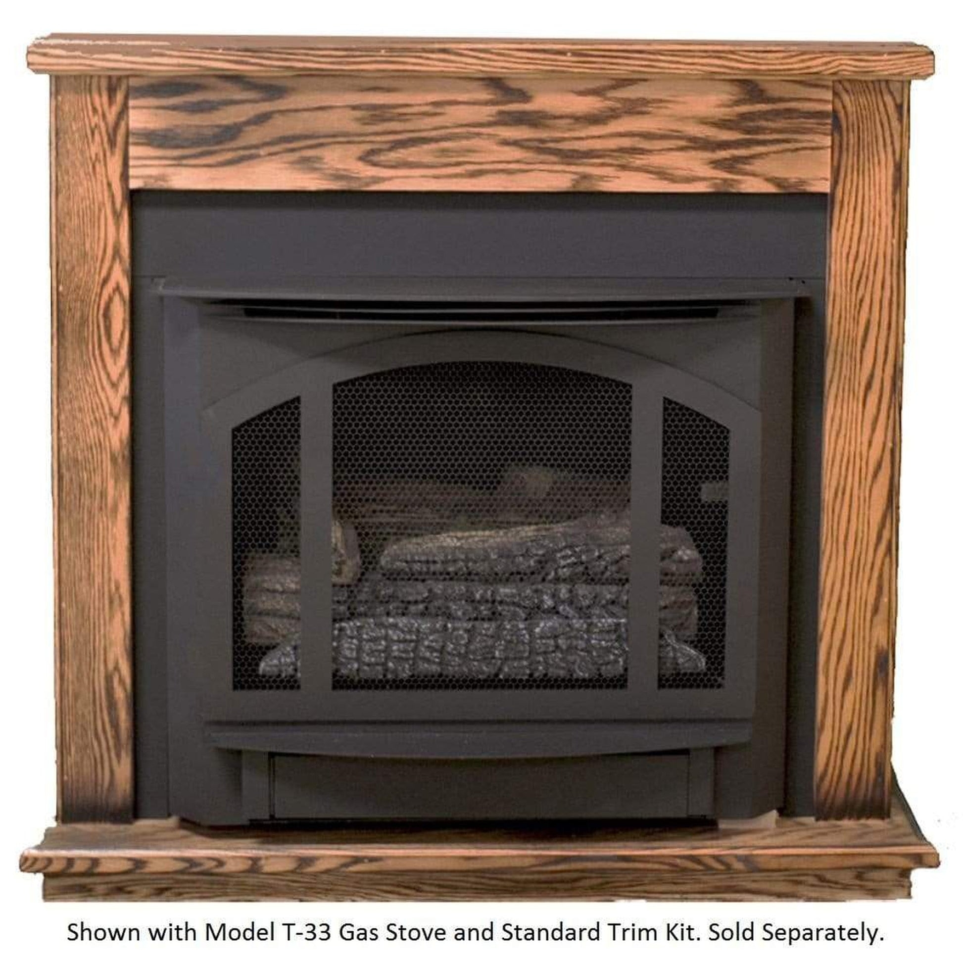 Gas Stove Mantel Dark Oak Grain with Arched Black Screen