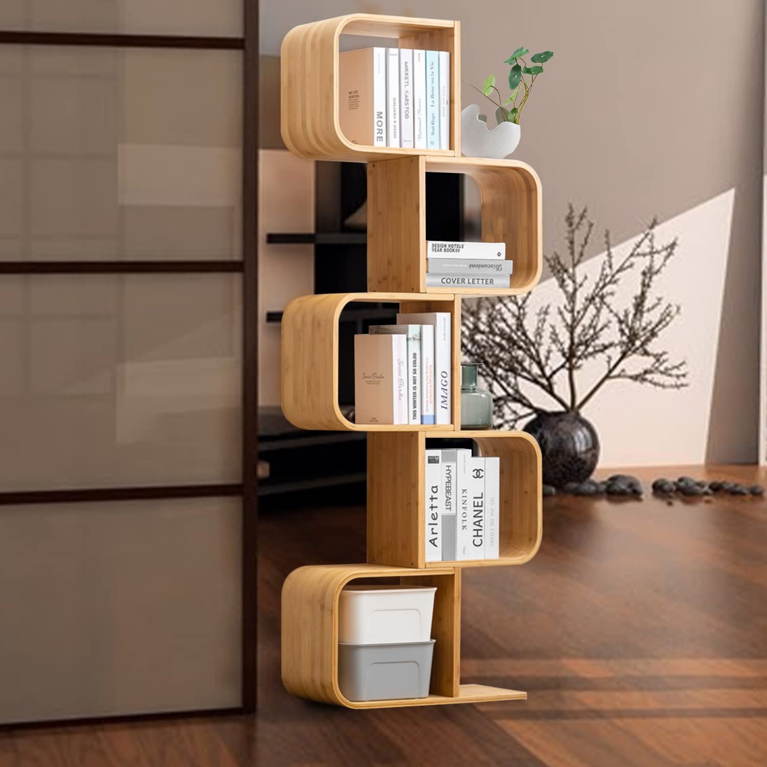 Geometric Bookshelf S-Shaped Design Bamboo Like Wood