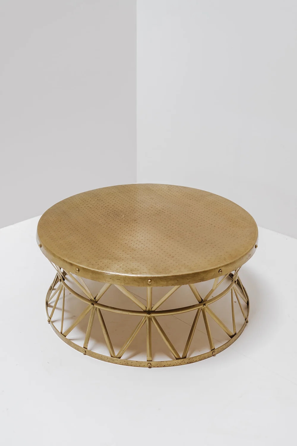 Geometric Metal Base Table with Bronze Hammered Top