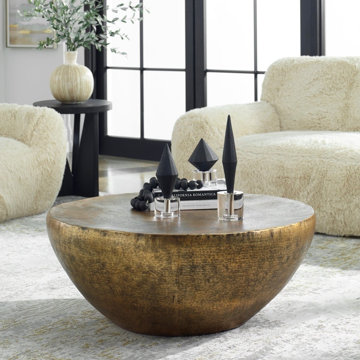 Gilded Sculptural Coffee Table with Hammered Dome Base