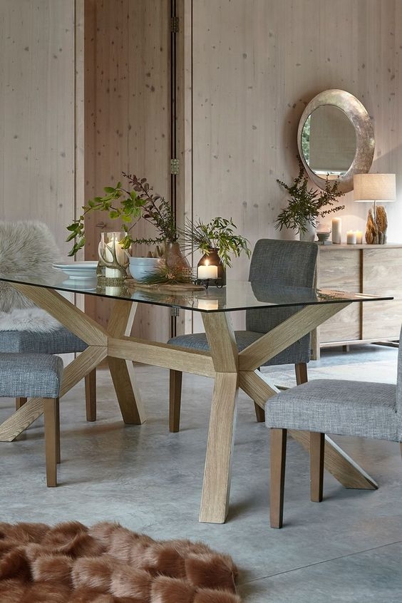 Glass Dining Table with Interlocking Wood Trestle Base