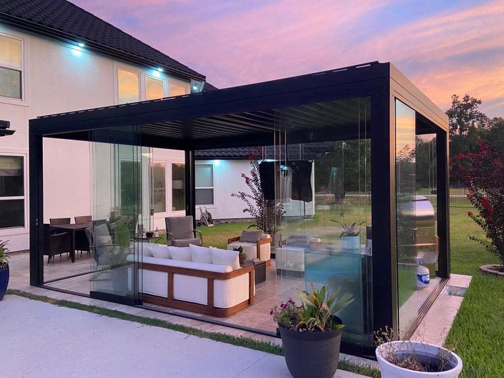 Glass Enclosed Pergola: Frameless Sliding Glass Doors