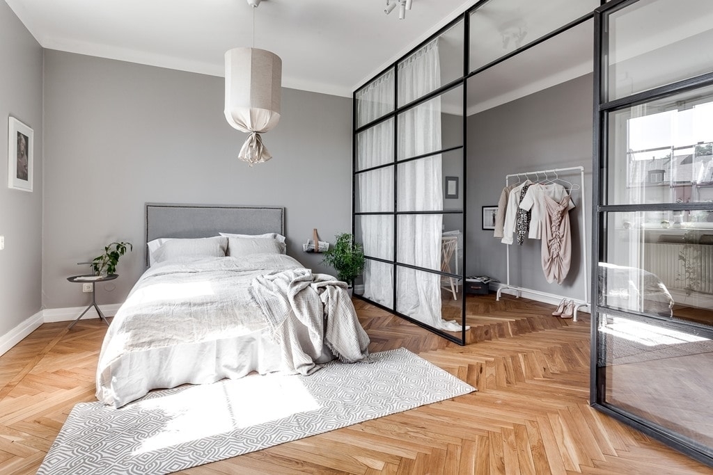 Glass Partition: Black Grid Sheer Internal Curtains