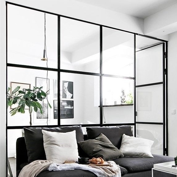 Glass Partition: Slim Profile Matte Black Metal Grid Design