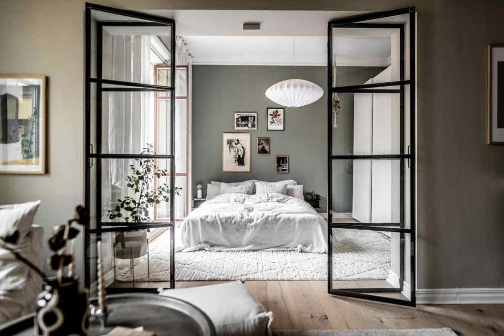 Glass Partition Wall: Black Metal Grid Sage Green Accent