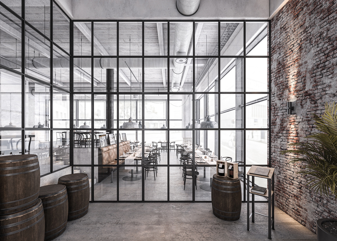 Glass Partition Wall: Grid Glazing Exposed Brick Loft