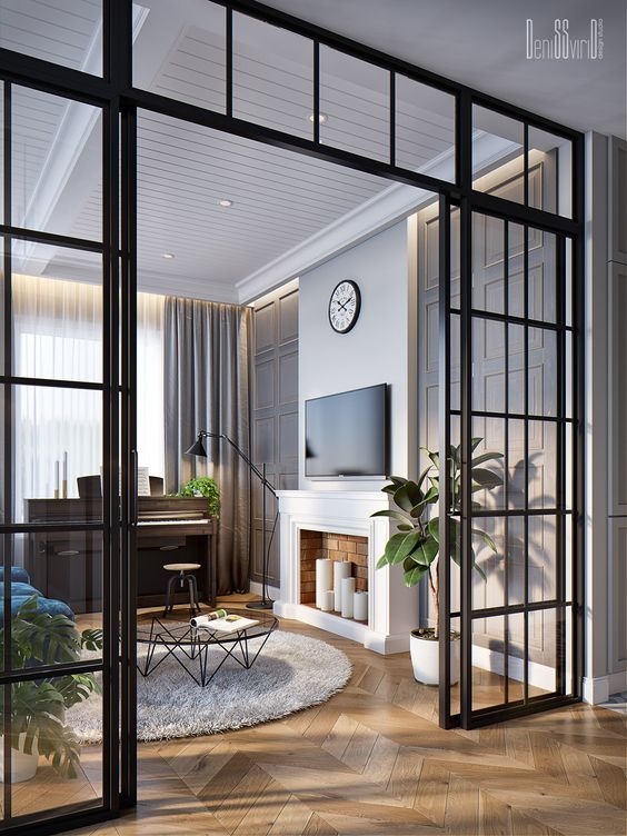 Glass Partition Wall: Steel Frame Herringbone Pattern