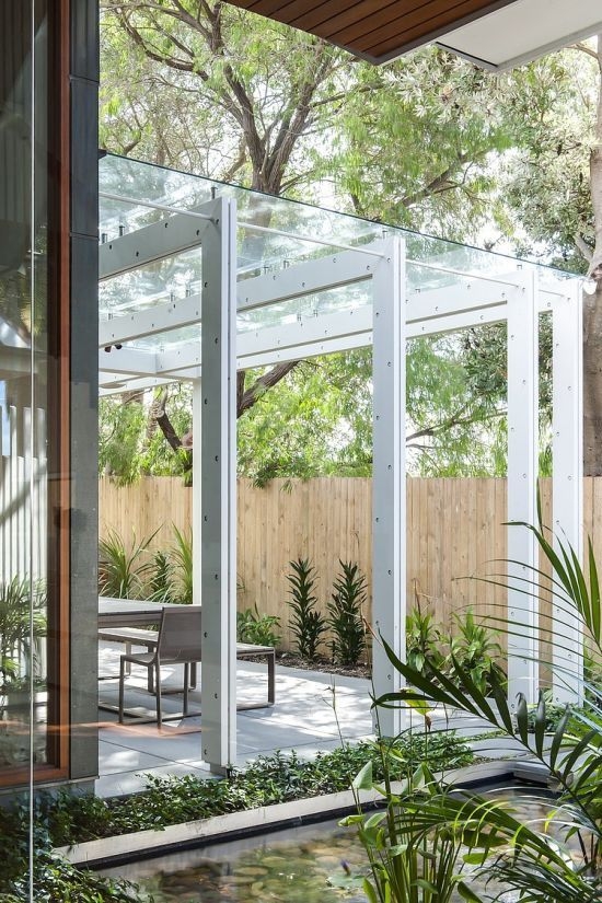 Glass Pergola with Tension Rods: White Metal Terrace Canopy