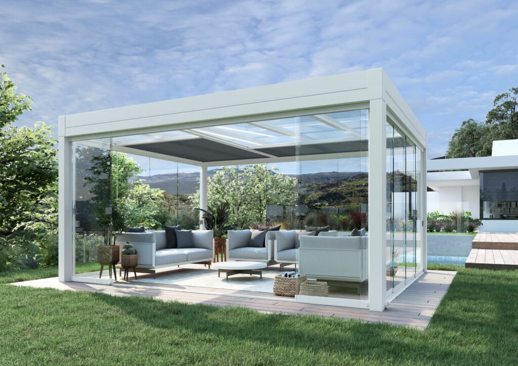 Glass Pergola with White Frame: Sliding Glass Outdoor Room
