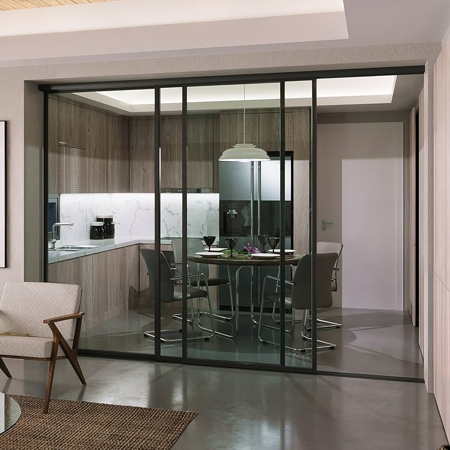 Glass Room Divider: Slim Black Frame Kitchen Clear Partition
