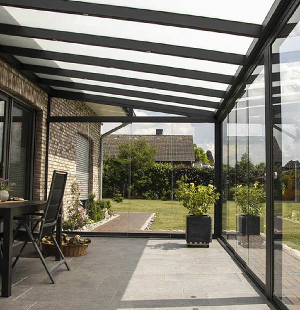 Glass Room with Pitched Roof: Frameless Sliding Glass System