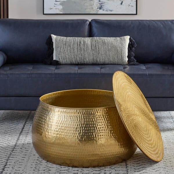 Gold Hammered Storage Table with Lift Top Metal Lid